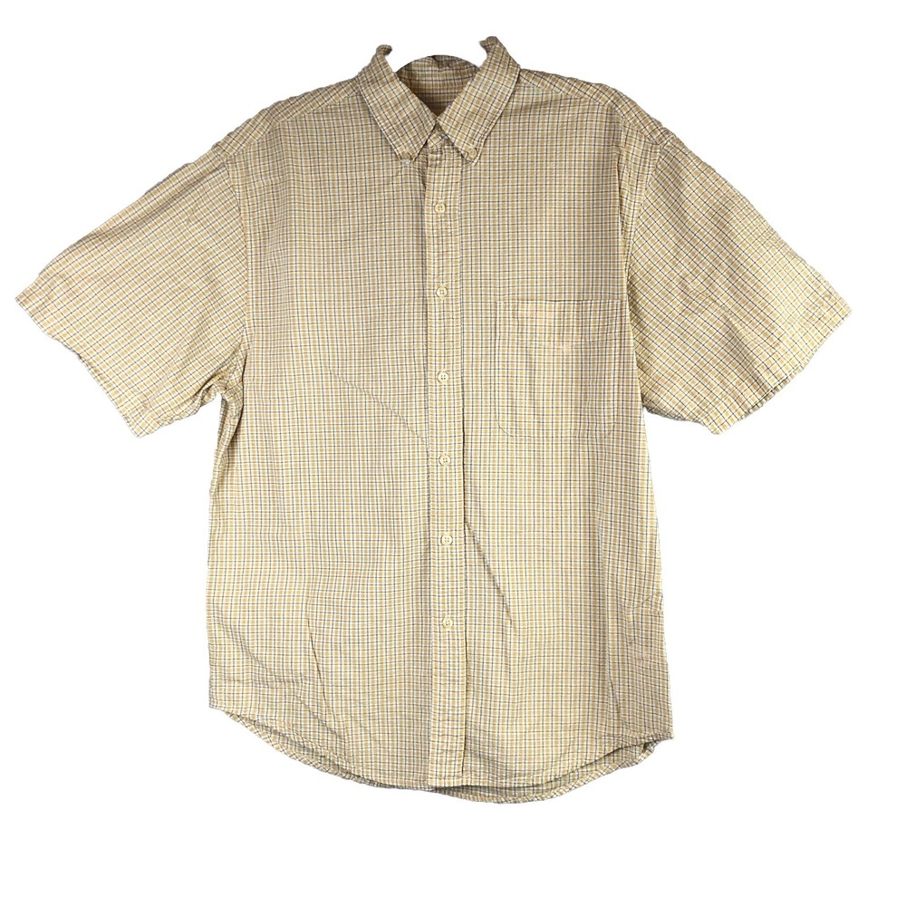 Eddie Bauer Mens Small Short Sleeve Button‎ Down Dress Shirt Yellow Plaid Cotton